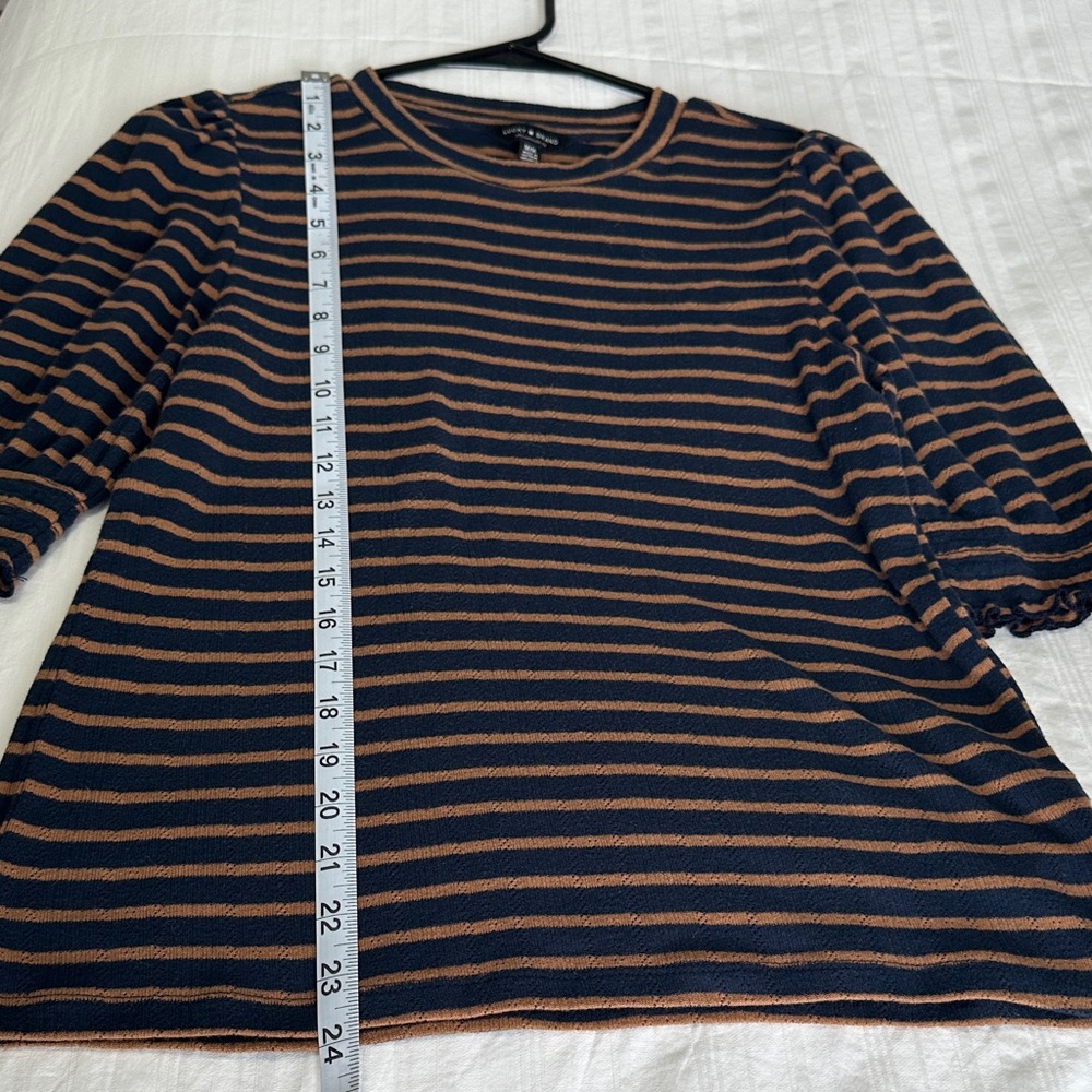 Lucky Brand Black and Brown Striped Puffed Sleeve Blouse Size Medium - Picture 9 of 9